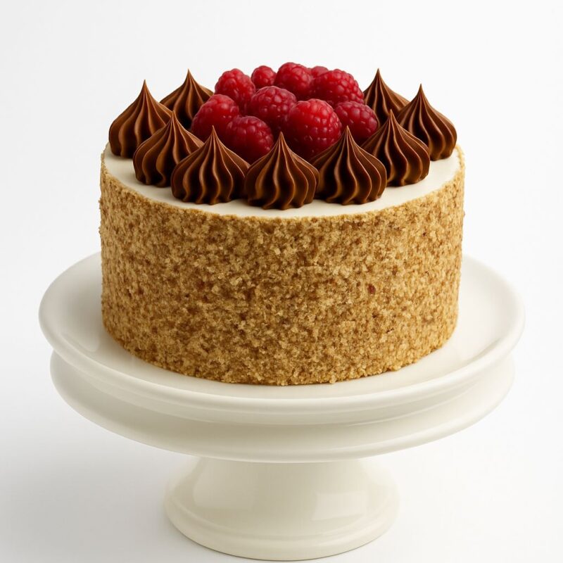 Torta saludable sin azúcar Gloria Suprema con frambuesas, manjar sin lactosa, crema vegetal y nueces, apta para diabéticos y celíacos.